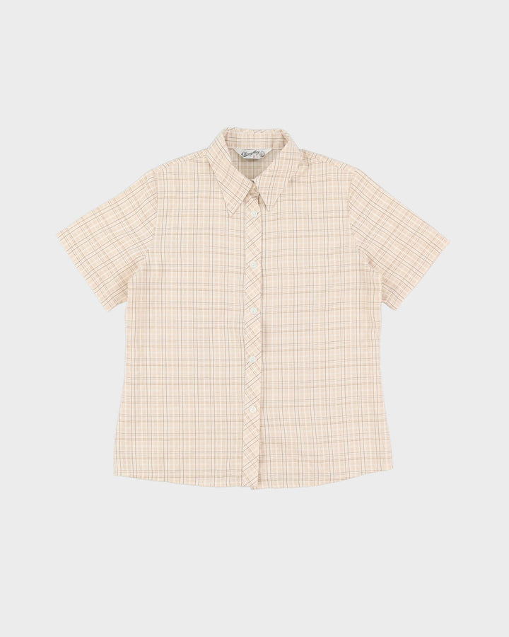 Vintage 70s Cream Check Patterned Short-Sleeve Shirt - M