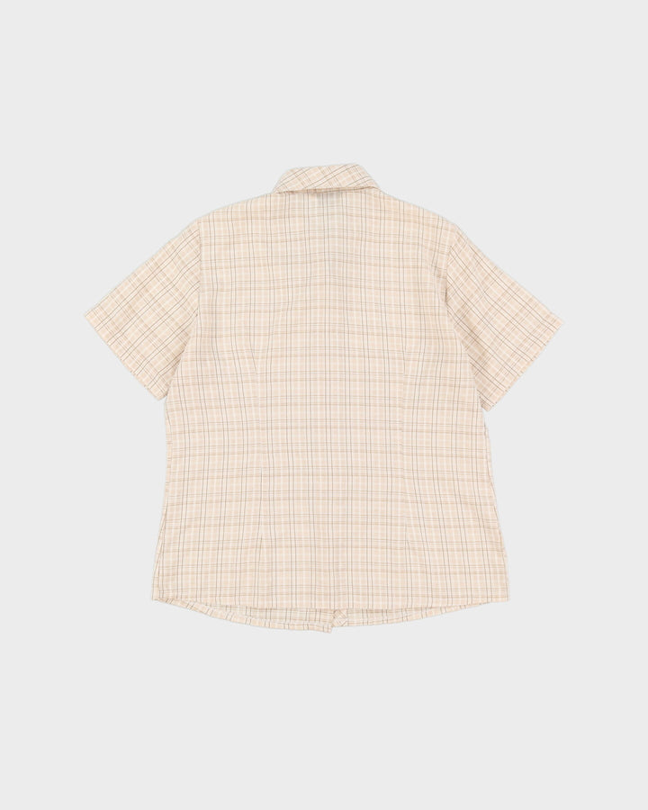 Vintage 70s Cream Check Patterned Short-Sleeve Shirt - M