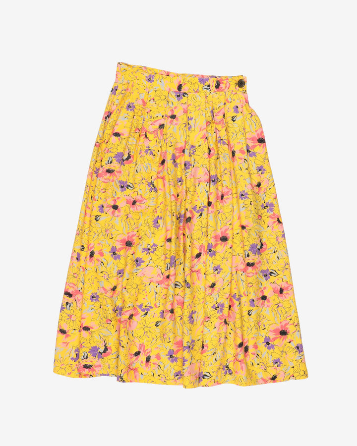 Yellow with pink flowers pleated skirt - S