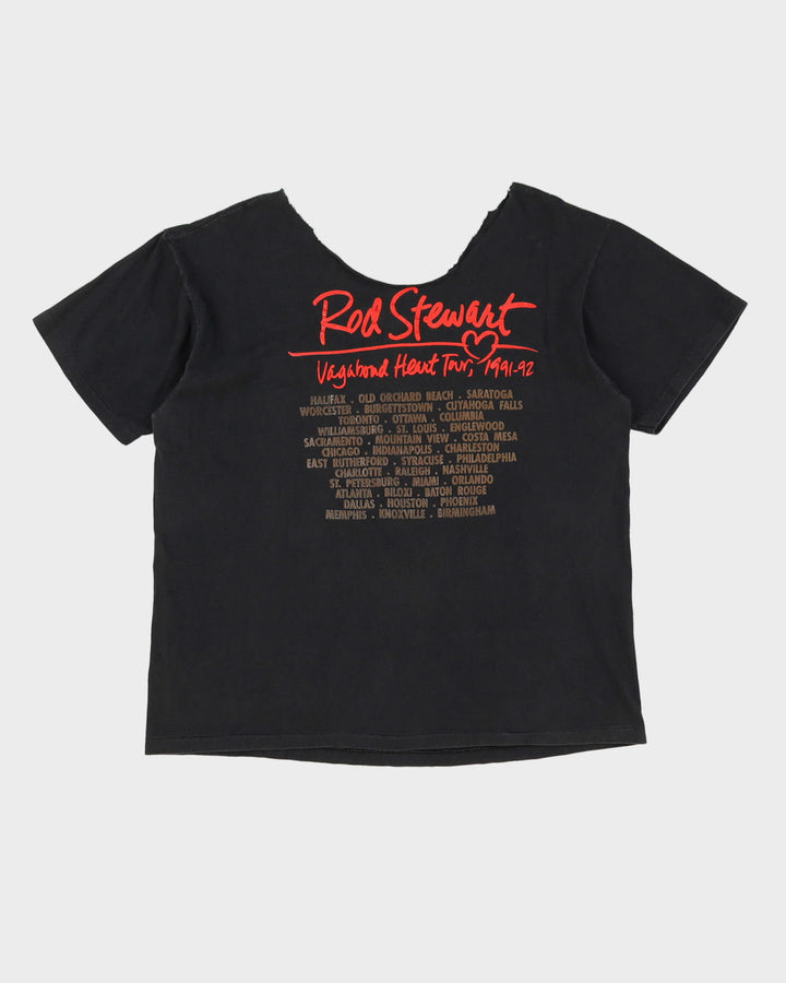 Vintage 1991 Rod Stewart Vagabond Heart Collarless / Off The Shoulder Black Graphic Band T-Shirt - XL / XXL