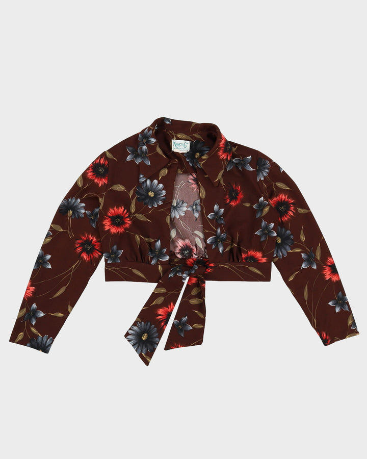 1970s Open Style Cropped Floral Tie Front Blouse - S