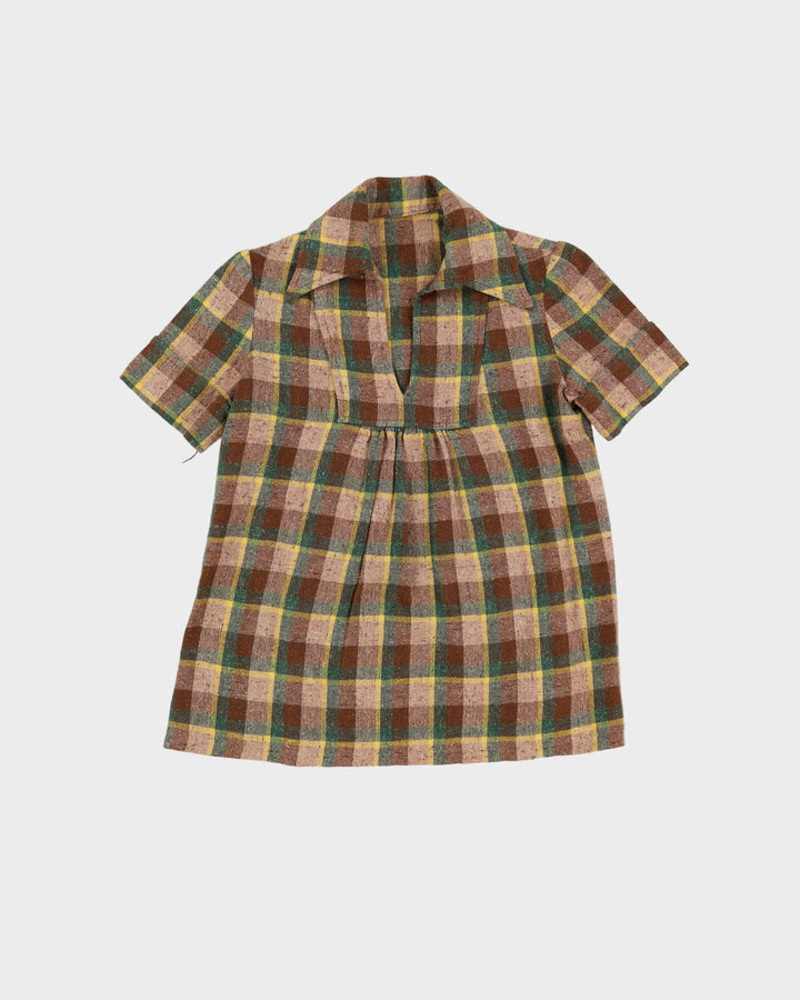 1970s Green And Brown Checked Smock Top - S