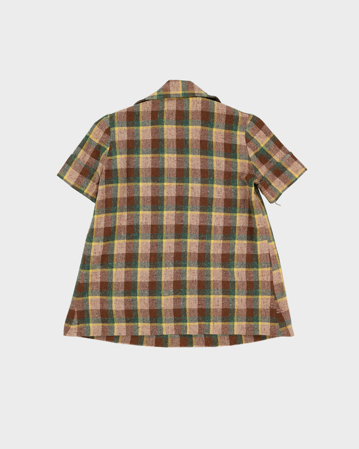 1970s Green And Brown Checked Smock Top - S