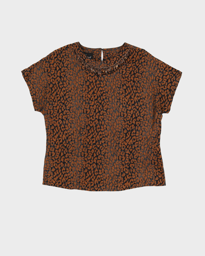 00s Leopard Print Beaded Fringed Blouse - S