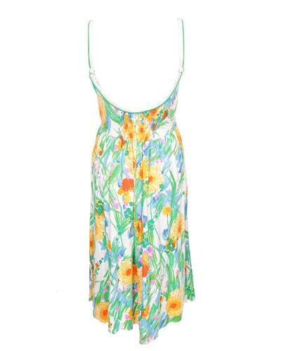 1970s white with green and orange print strappy with pockets sun dress - S