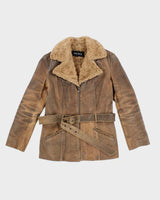 Vintage 90s/00s Ricki's Brown Leather Belted Faux Fur Collared Jacket - S