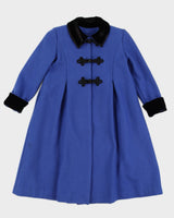 Vintage 1980s Blue Wool Kid's Coat with Black Velvet