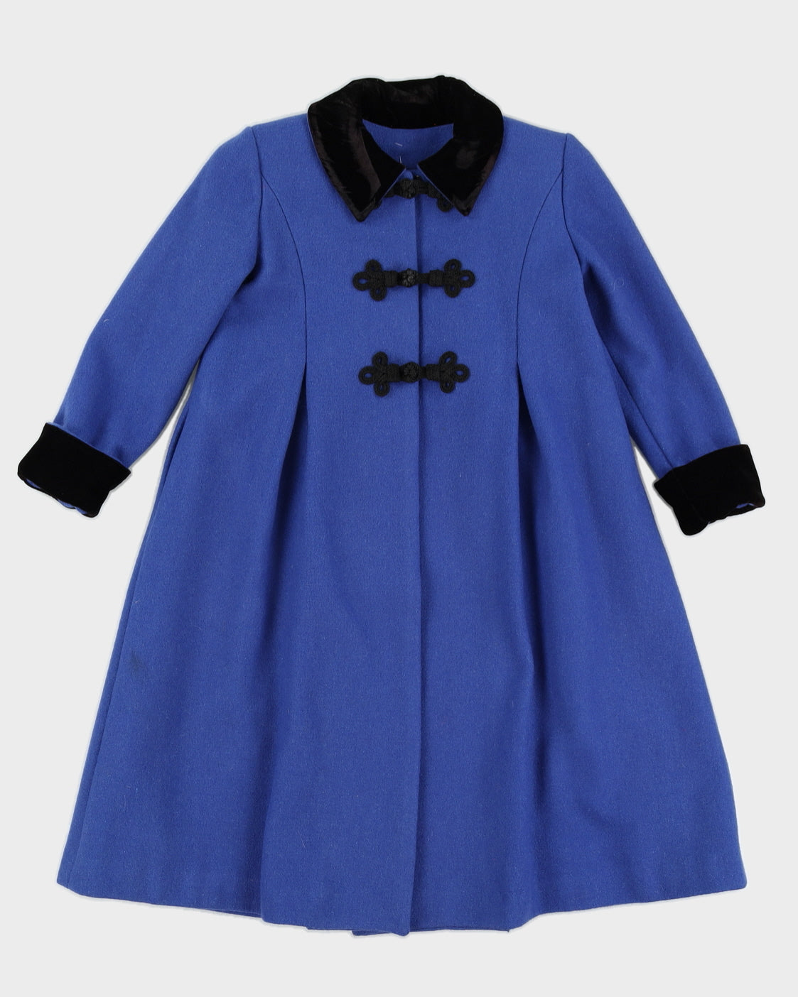 Vintage 1980s Blue Wool Kid's Coat with Black Velvet