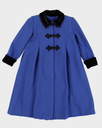 Vintage 1980s Blue Wool Kid's Coat with Black Velvet