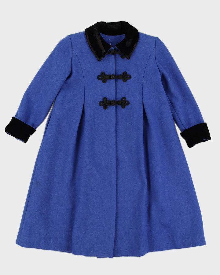 Vintage 1980s Blue Wool Kid's Coat with Black Velvet