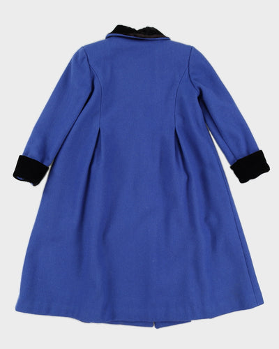 Vintage 1980s Blue Wool Kid's Coat with Black Velvet