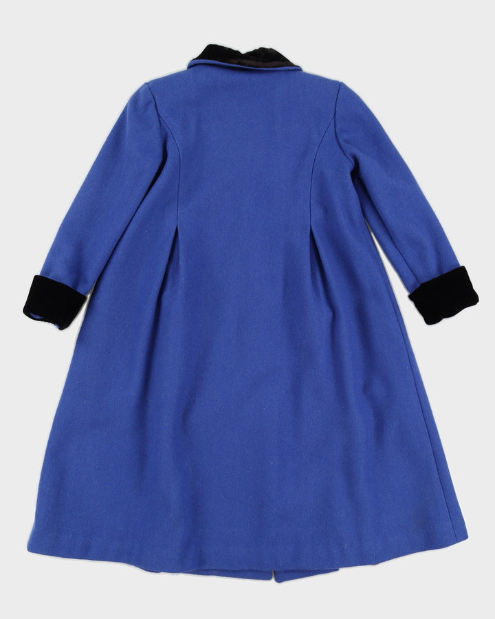 Vintage 1980s Blue Wool Kid's Coat with Black Velvet