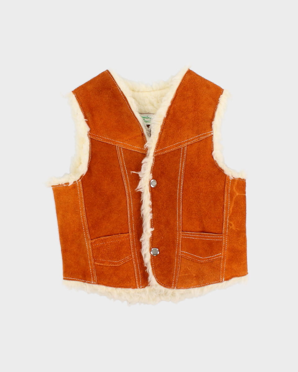 Vintage 70s Children's Genuine Leather Sand Coloured Sherpa Vest - XS