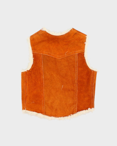 Vintage 70s Children's Genuine Leather Sand Coloured Sherpa Vest - XS