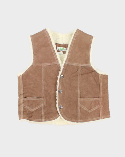 Vintage 70s Children's Genuine Leather Beige Coloured Sherpa Vest - XS