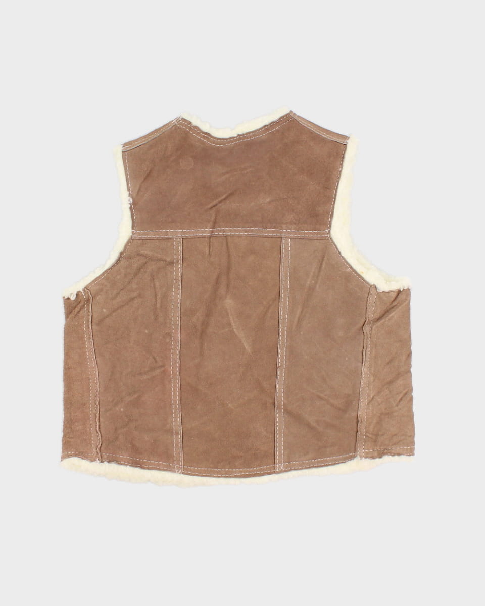 Vintage 70s Children's Genuine Leather Beige Coloured Sherpa Vest - XS