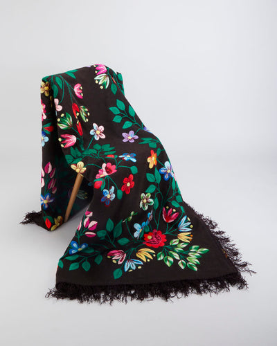 Hand Embroidered Floral Black Wool Throw