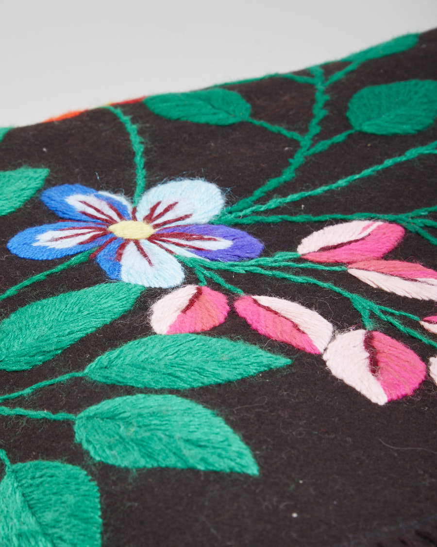 Hand Embroidered Floral Black Wool Throw