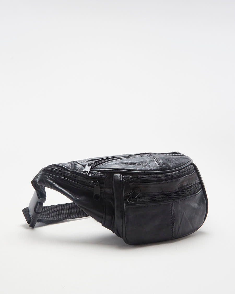 Vintage 00s Black Leather Bum Bag - O/S