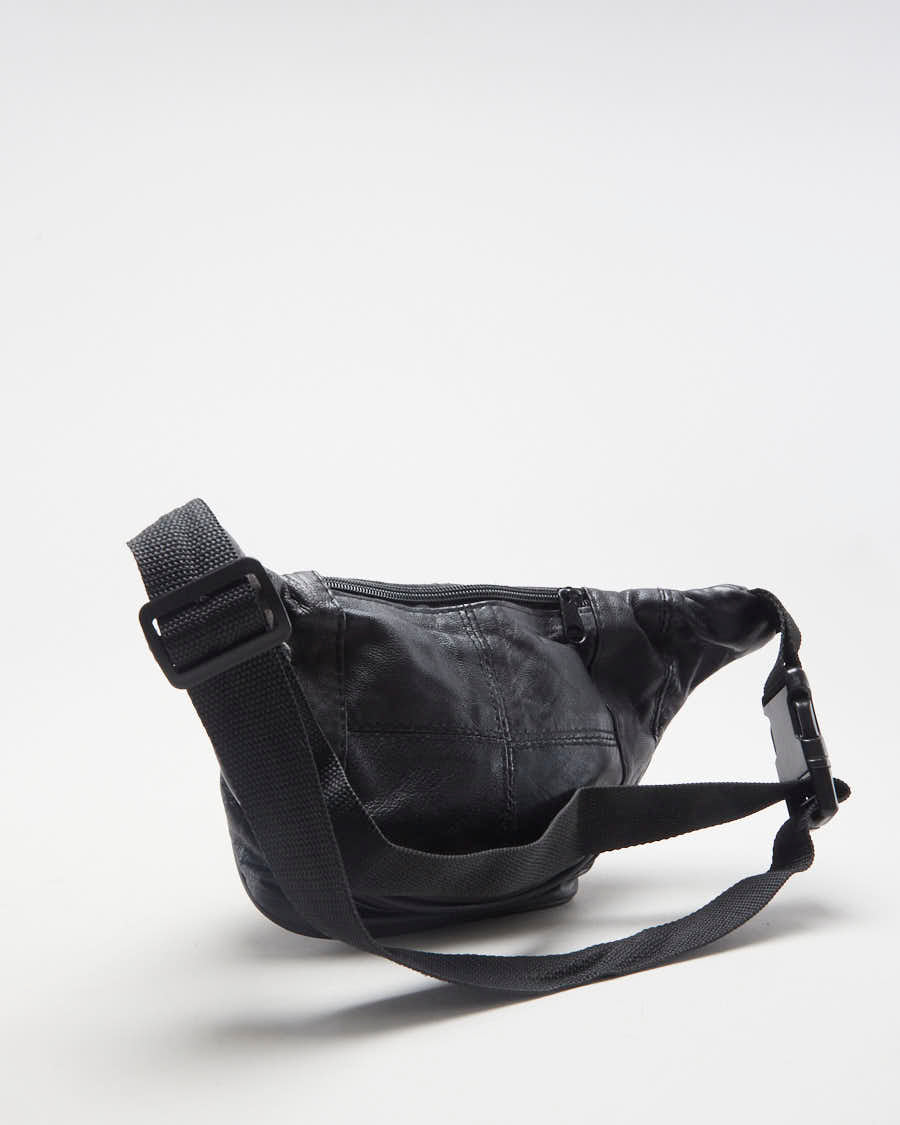 Vintage 00s Black Leather Bum Bag - O/S