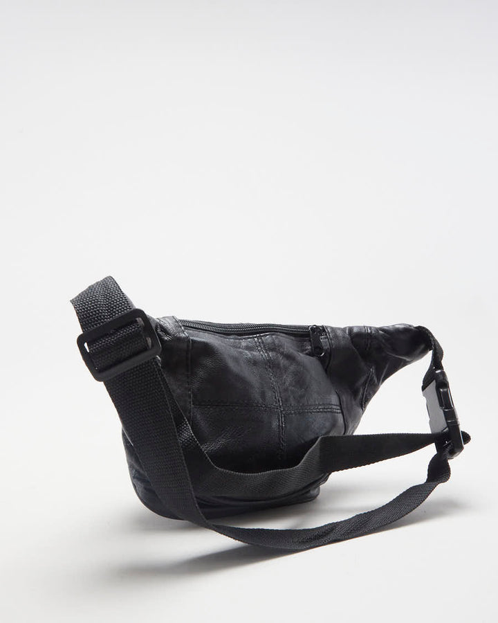 Vintage 00s Black Leather Bum Bag - O/S