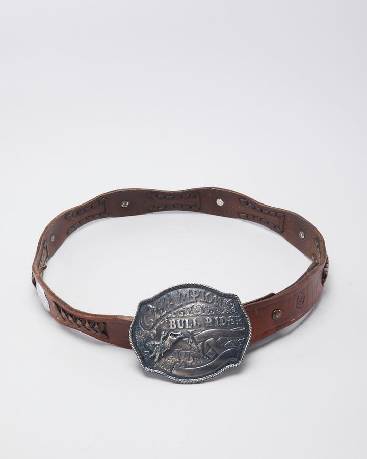 Vintage Western 'Champion Bull Rider' Brown Leather Laced Belt