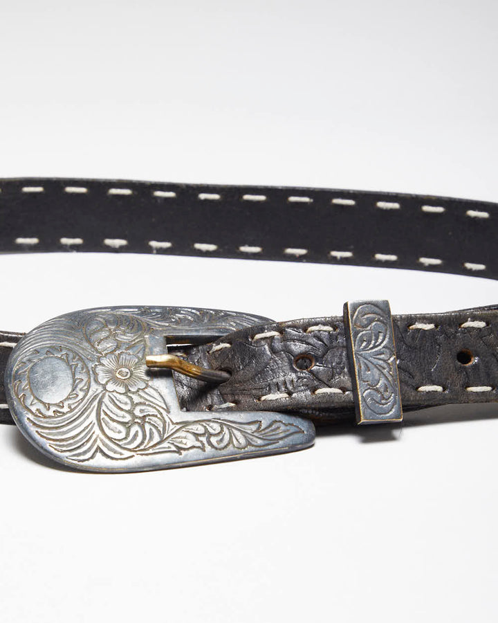 Vintage 90's Thin Western Black Leather Belt - W27 - W33