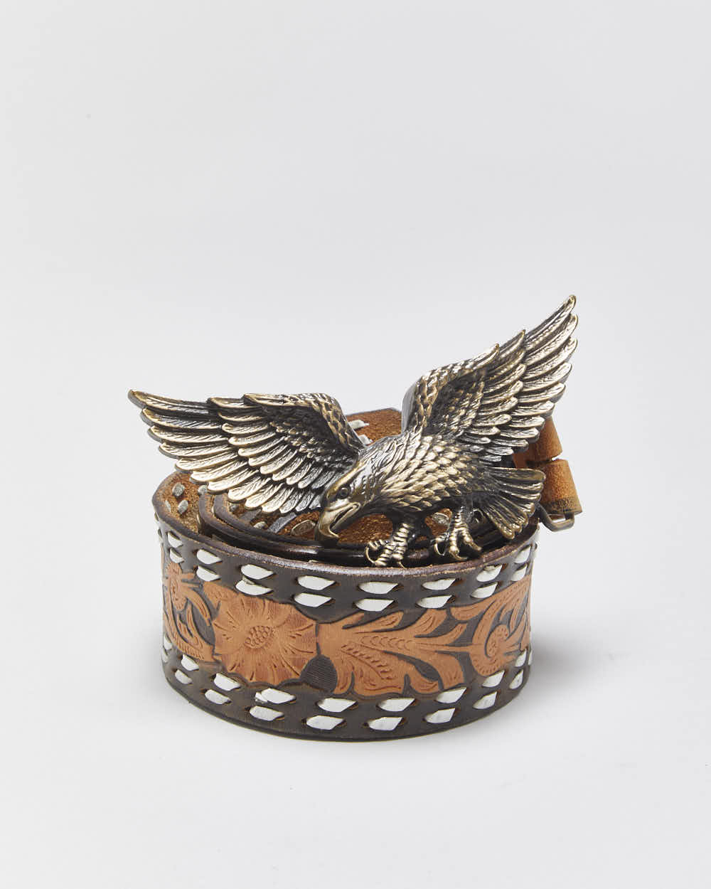 Vintage Tooled Leather Chunky Eagle Buckle Belt - W40-W44