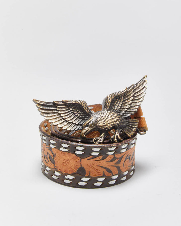 Vintage Tooled Leather Chunky Eagle Buckle Belt - W40-W44