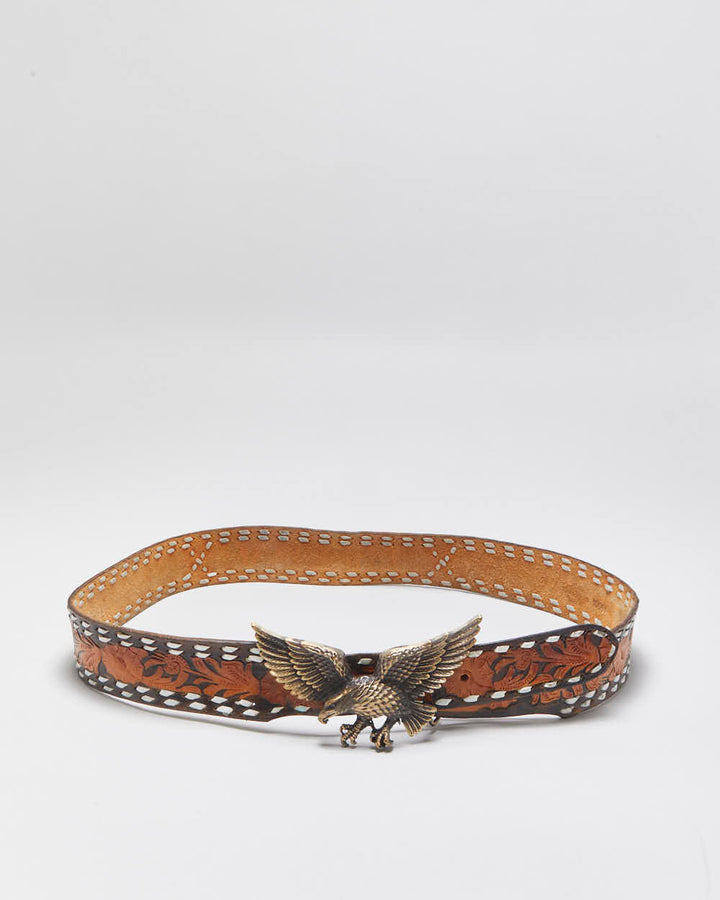 Vintage Tooled Leather Chunky Eagle Buckle Belt - W40-W44