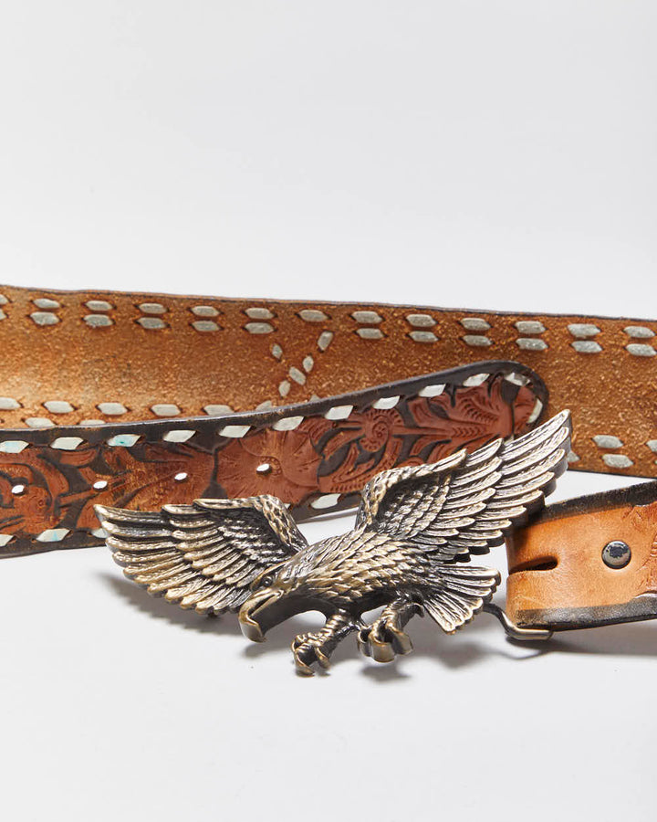 Vintage Tooled Leather Chunky Eagle Buckle Belt - W40-W44