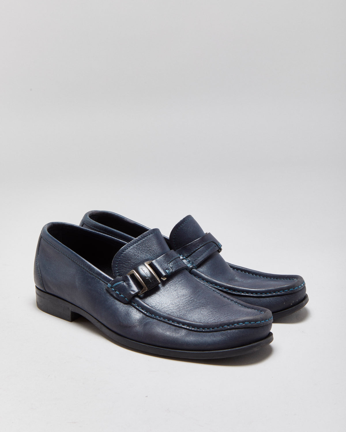 Salvatore Ferragamo Blue Leather Buckle Loafers - UK7