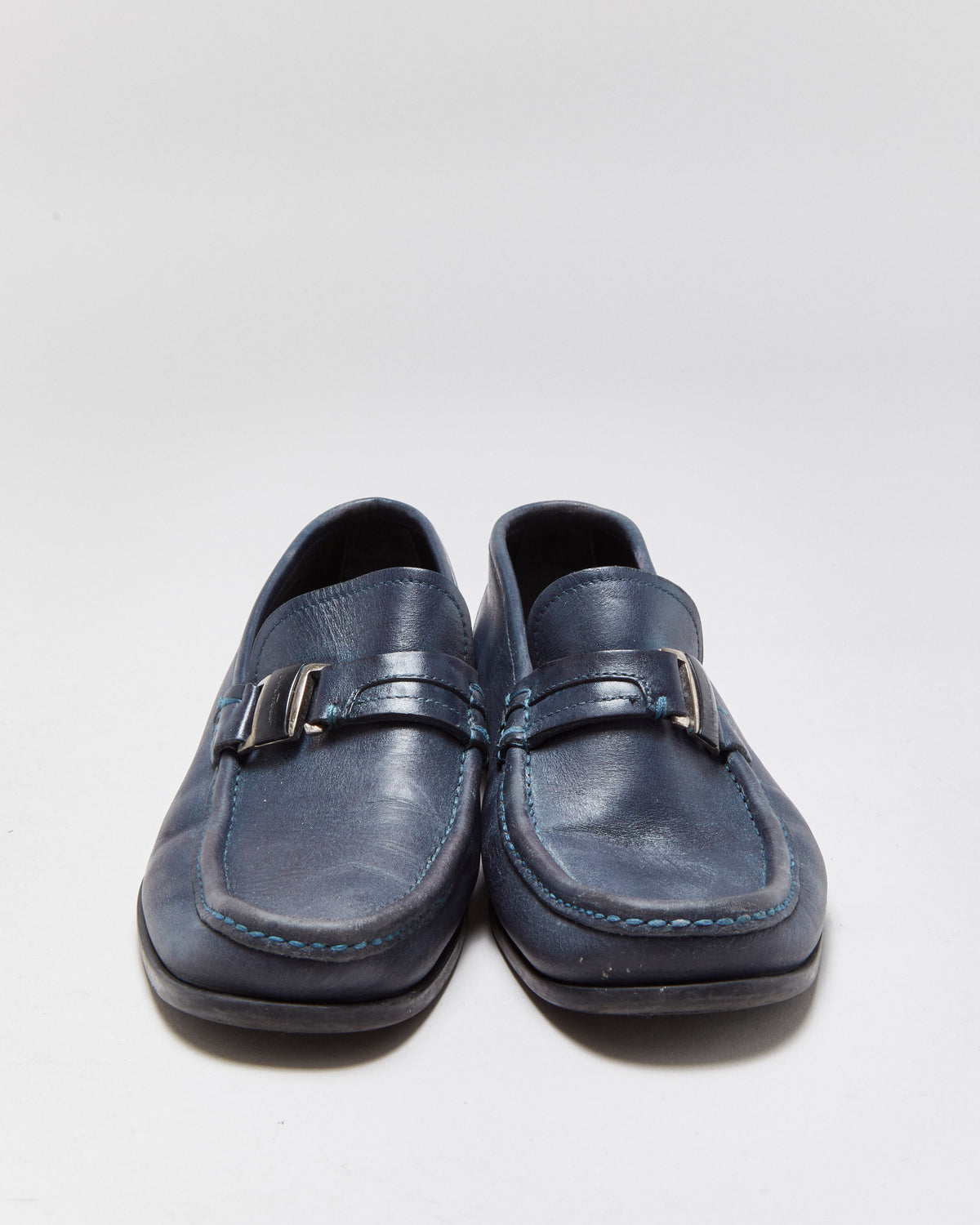 Salvatore Ferragamo Blue Leather Buckle Loafers - UK7