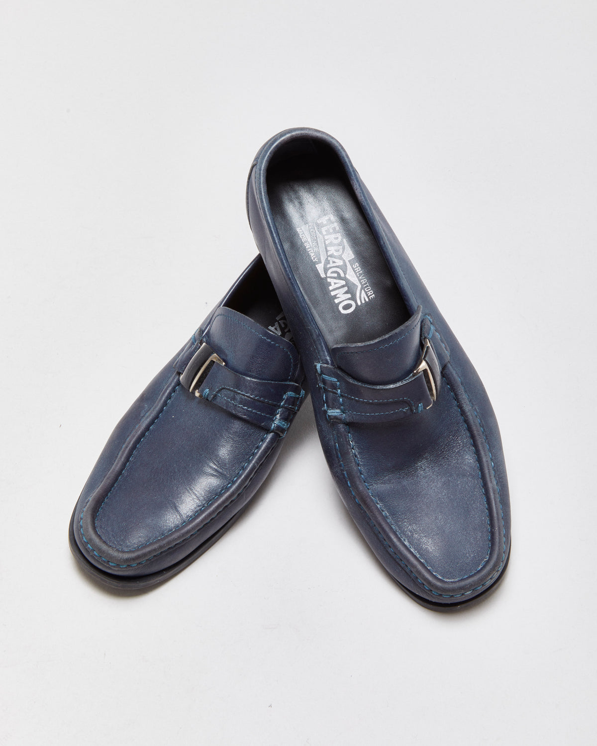 Salvatore Ferragamo Blue Leather Buckle Loafers - UK7