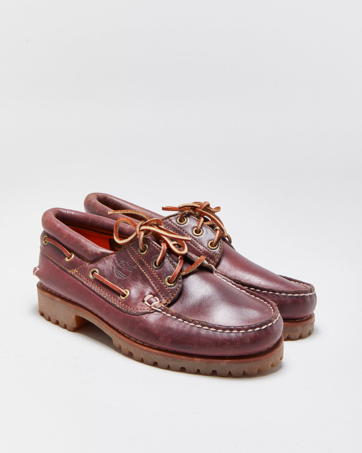 DS Vintage 1990s Timberland  Burgundy  Authentic 3-Eye Lug Handsewn Made In USA Boat Shoes - UK6.5 M