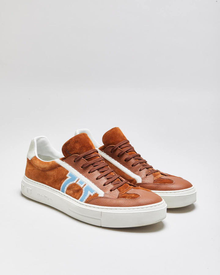 2024 Salvatore Ferragamo Gancini Borg Tan Suede Leather Low Trainers - UK10
