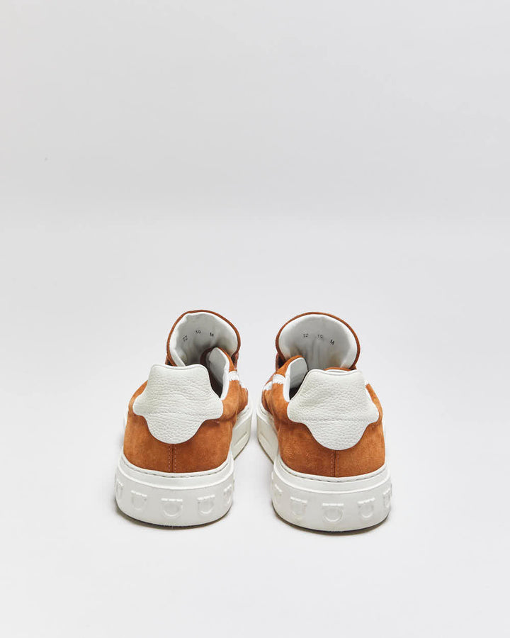 2024 Salvatore Ferragamo Gancini Borg Tan Suede Leather Low Trainers - UK10