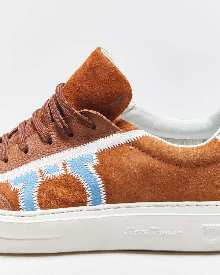 2024 Salvatore Ferragamo Gancini Borg Tan Suede Leather Low Trainers - UK10