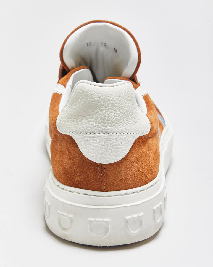 2024 Salvatore Ferragamo Gancini Borg Tan Suede Leather Low Trainers - UK10