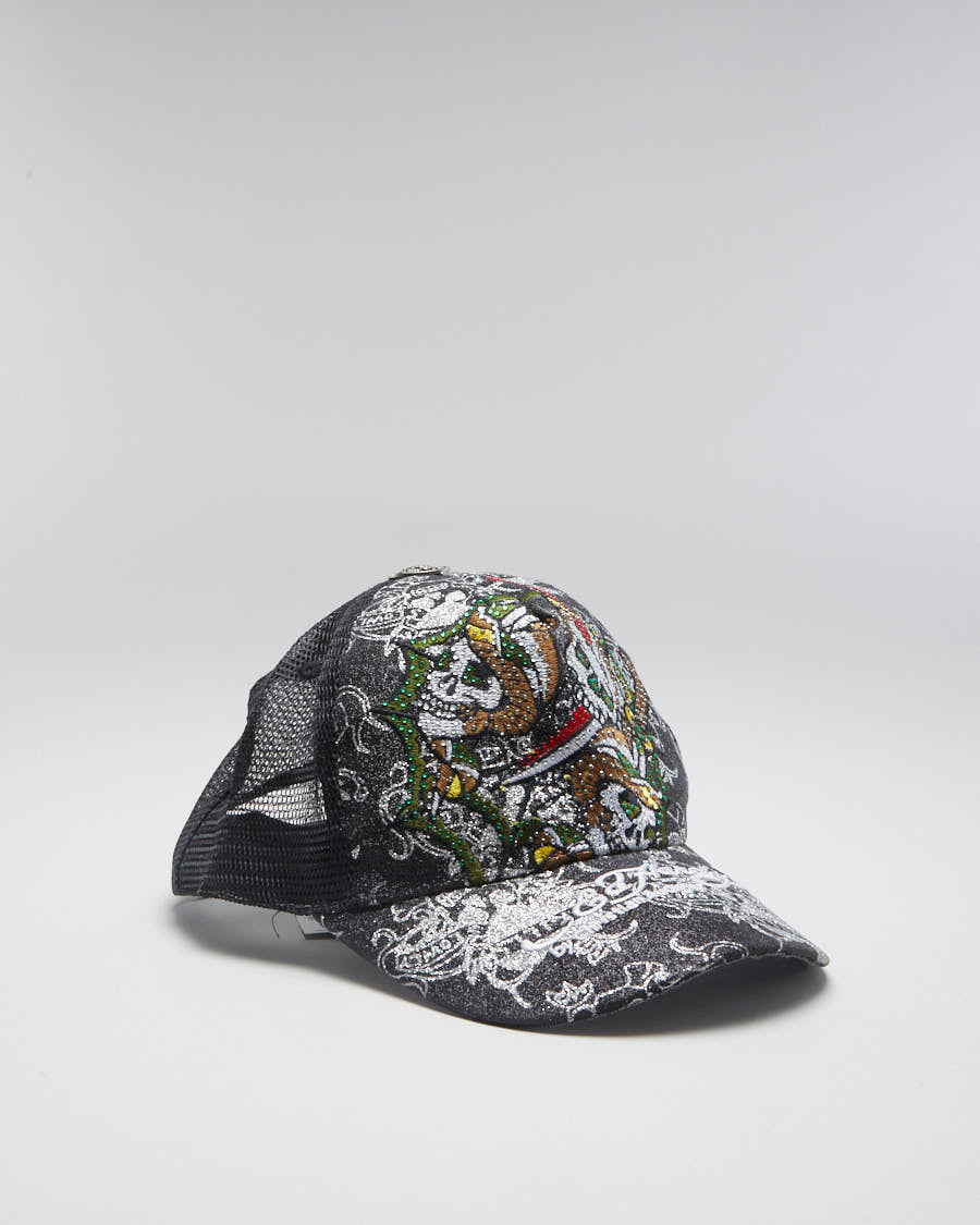 00s Y2K Ed Hardy Black Glittered Trucker Hat - Adjustable