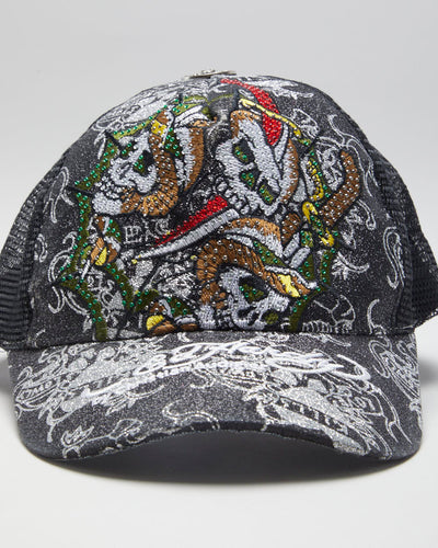 00s Y2K Ed Hardy Black Glittered Trucker Hat - Adjustable