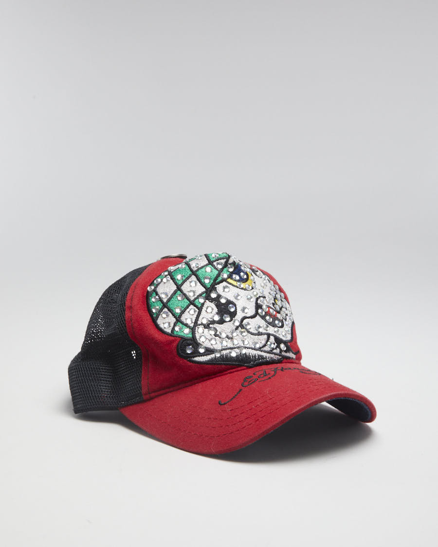 00s Y2K Ed Hardy Red Skull Glittered Trucker Hat - Adjustable
