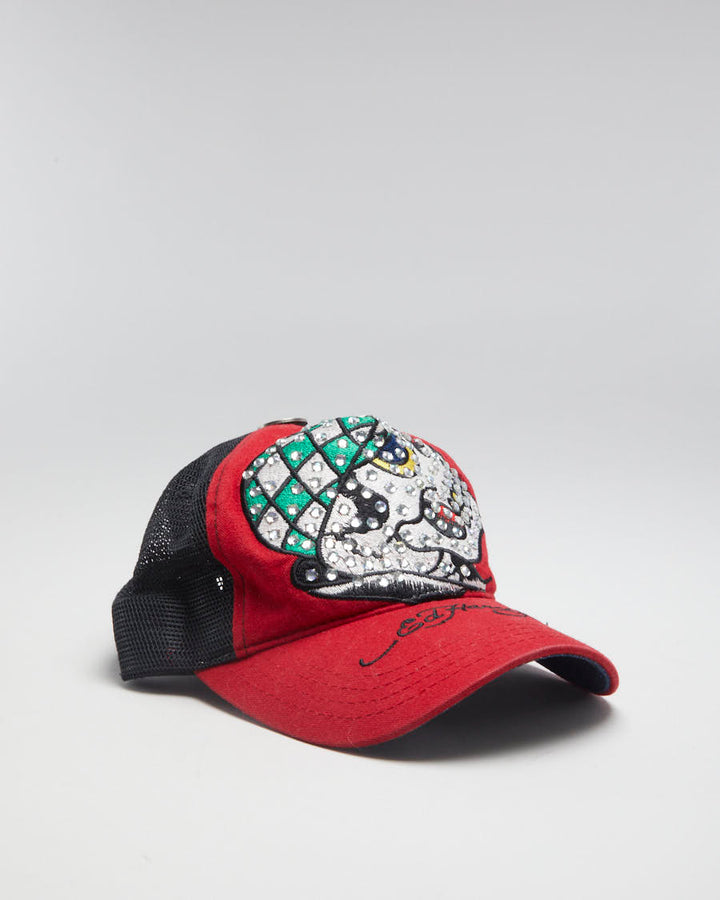 00s Y2K Ed Hardy Red Skull Glittered Trucker Hat - Adjustable