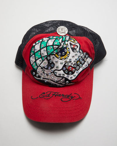 00s Y2K Ed Hardy Red Skull Glittered Trucker Hat - Adjustable
