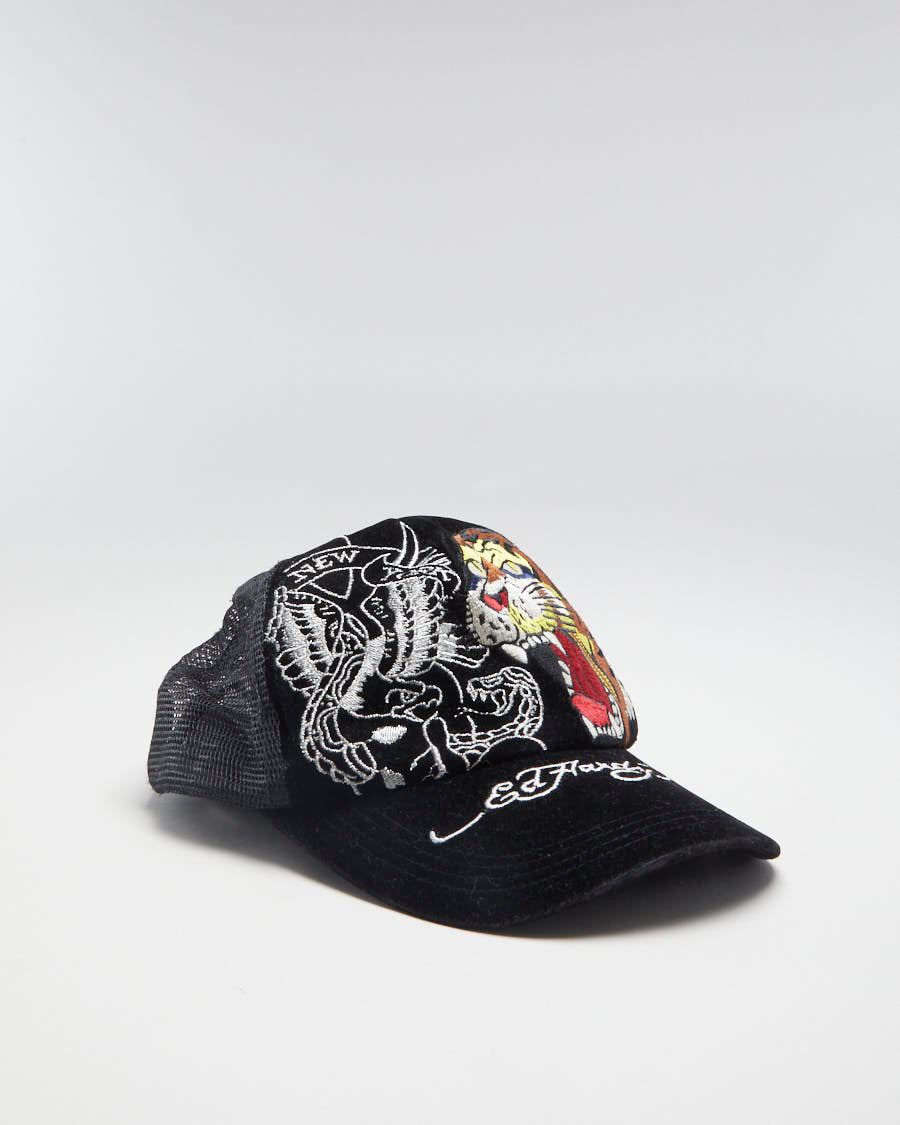 00s Y2K Ed Hardy Black Velour Trucker Hat - Adjustable