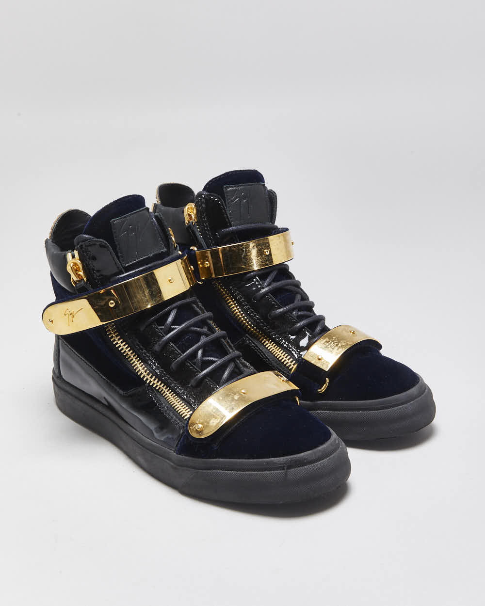 Giuseppe Zanotti 'Coby' Gold Plate / Navy Velvet / Patent Leather High-Top Trainers - UK6.5