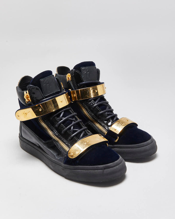 Giuseppe Zanotti 'Coby' Gold Plate / Navy Velvet / Patent Leather High-Top Trainers - UK6.5
