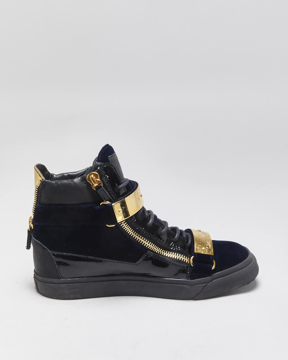Giuseppe Zanotti 'Coby' Gold Plate / Navy Velvet / Patent Leather High-Top Trainers - UK6.5