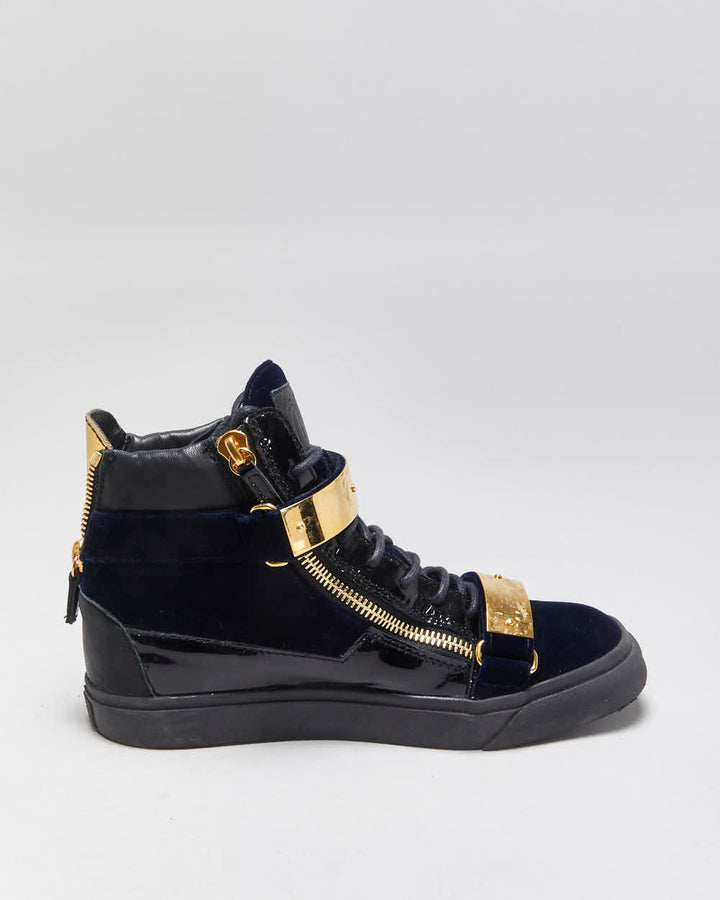Giuseppe Zanotti 'Coby' Gold Plate / Navy Velvet / Patent Leather High-Top Trainers - UK6.5