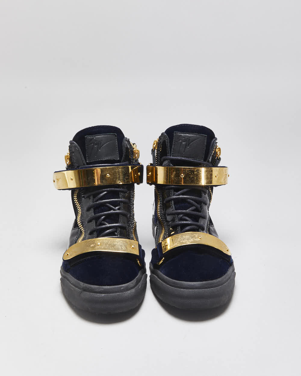 Giuseppe Zanotti 'Coby' Gold Plate / Navy Velvet / Patent Leather High-Top Trainers - UK6.5